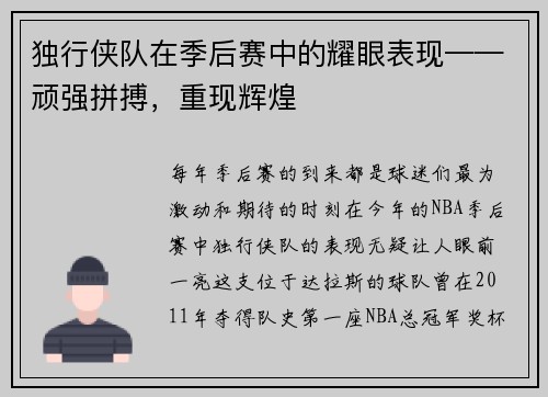 独行侠队在季后赛中的耀眼表现——顽强拼搏，重现辉煌